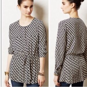 Anthropolie Maeve Selva Black And Cream Pleated Tunic Blouse SZ Large